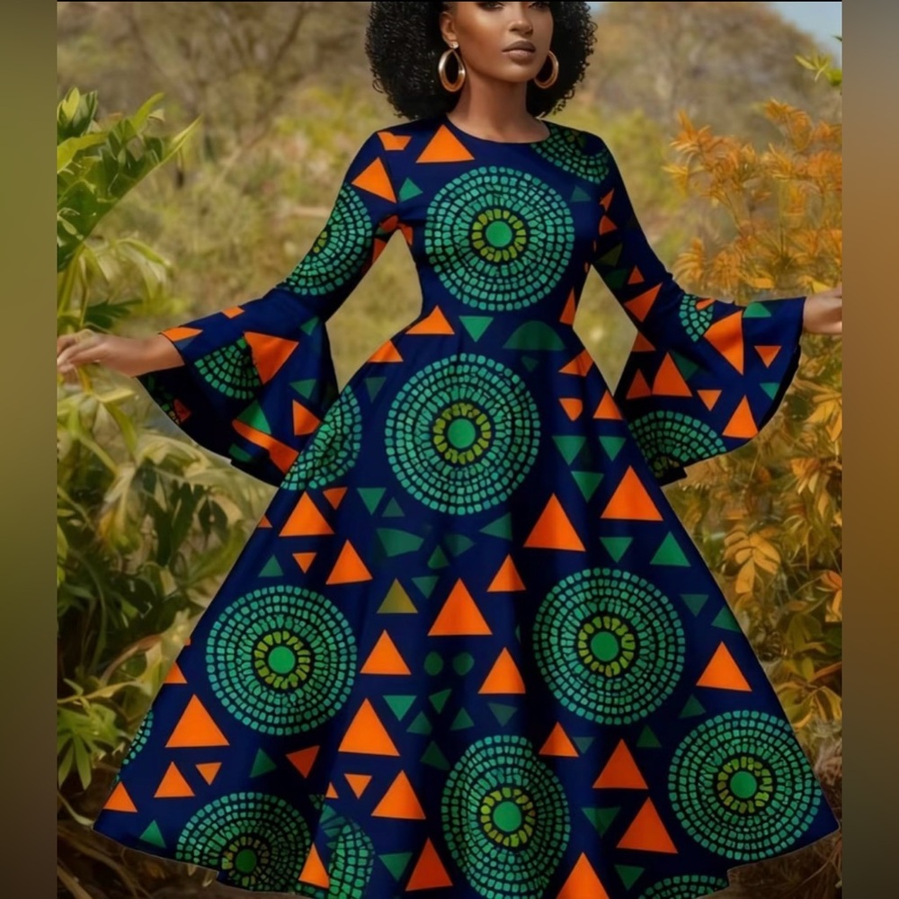 Women's Navy Blue A-Line Dress with Green & Orange Geometric Print